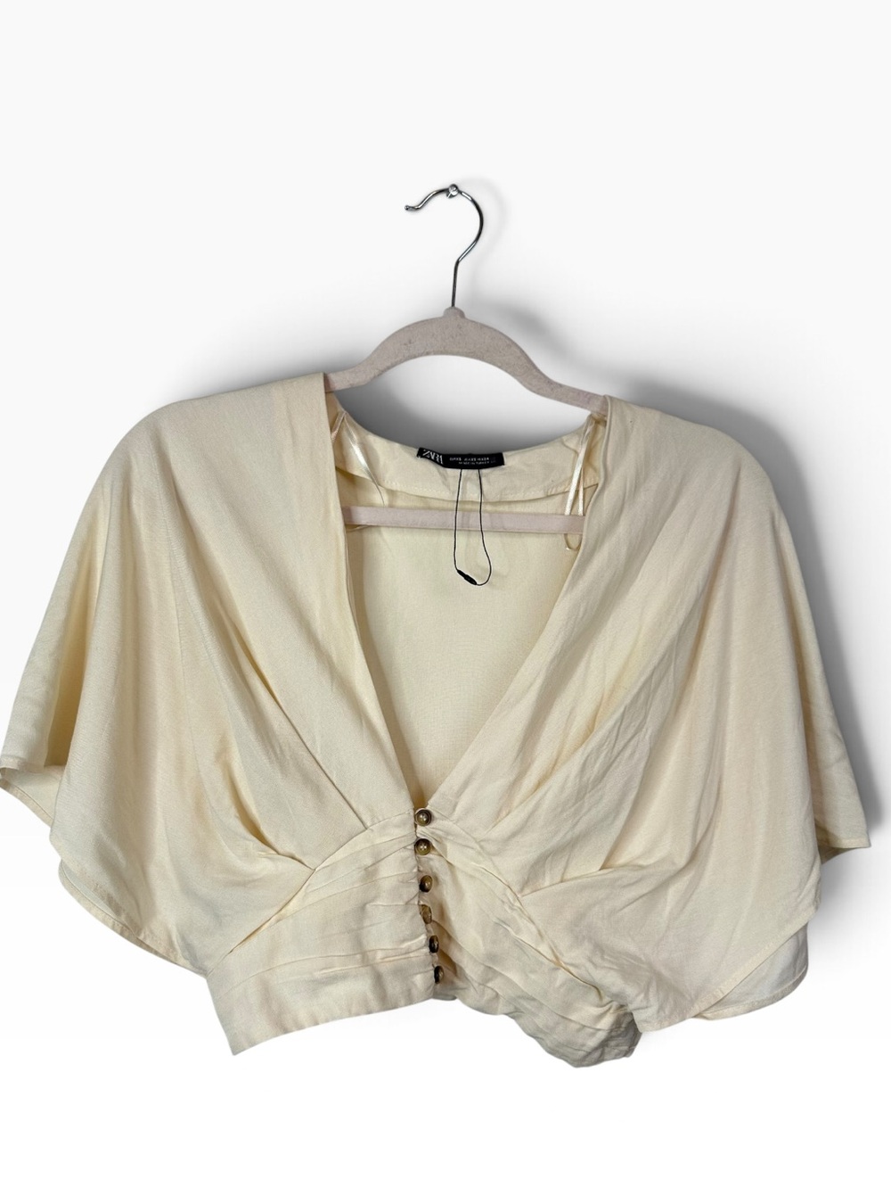 ZARA Cream Linen Blend V-Neck Kimono Sleeve Button Front Crop Top XS